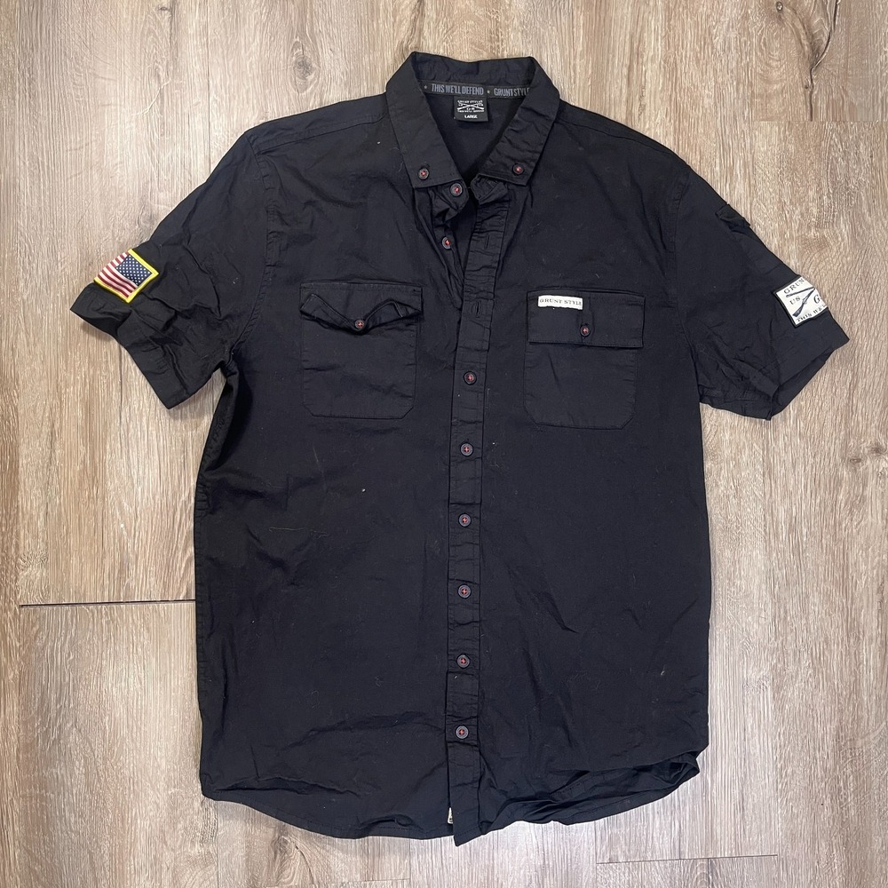 Grunt Style Boys Youth Button Down Down Large Black Short Sleeve Shirt